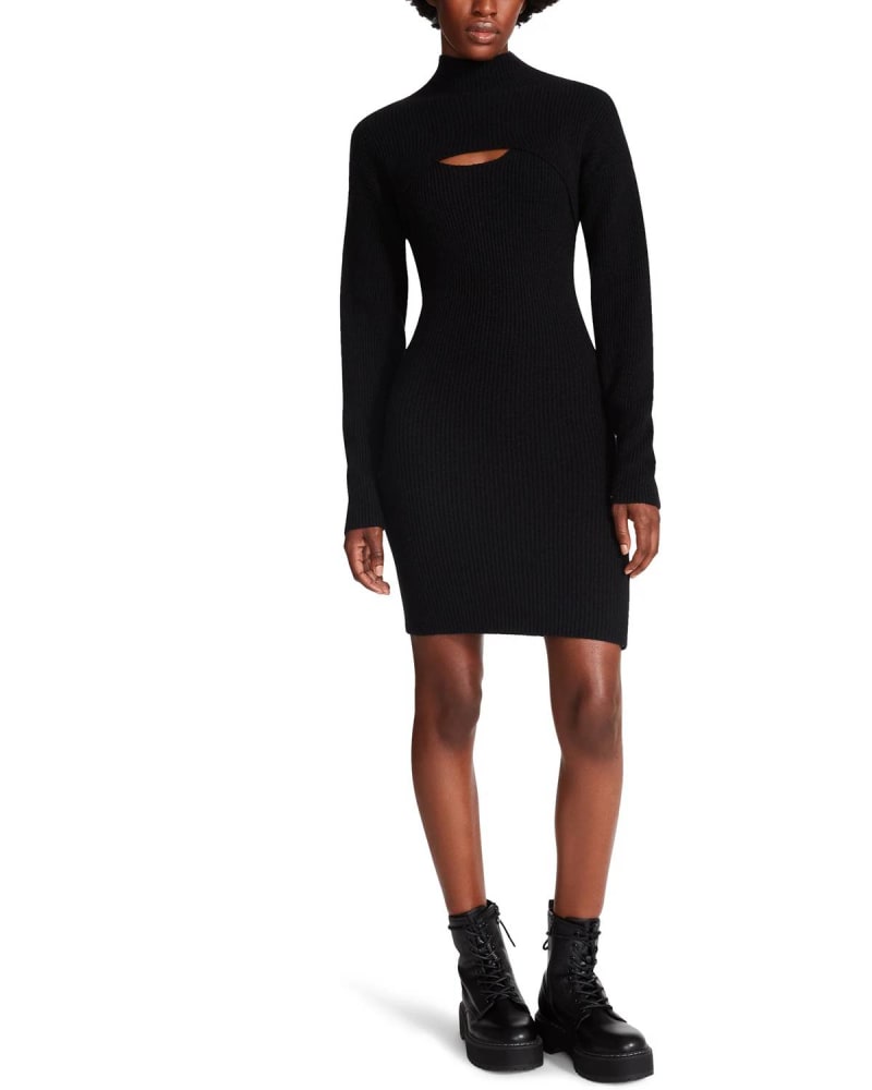 Front of a model wearing a size L Ivana Sweater Dress Set In Black in Black by STEVE MADDEN. | dia_product_style_image_id:342287